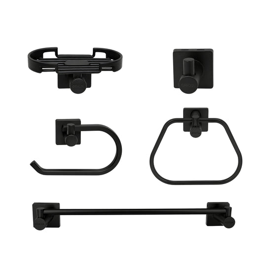 Kit de accesorios 5 piezas génesis, incluye jabonera, gancho, portarrollo, toallero barra y toallero aro  para baño negro mate, vista fontal.