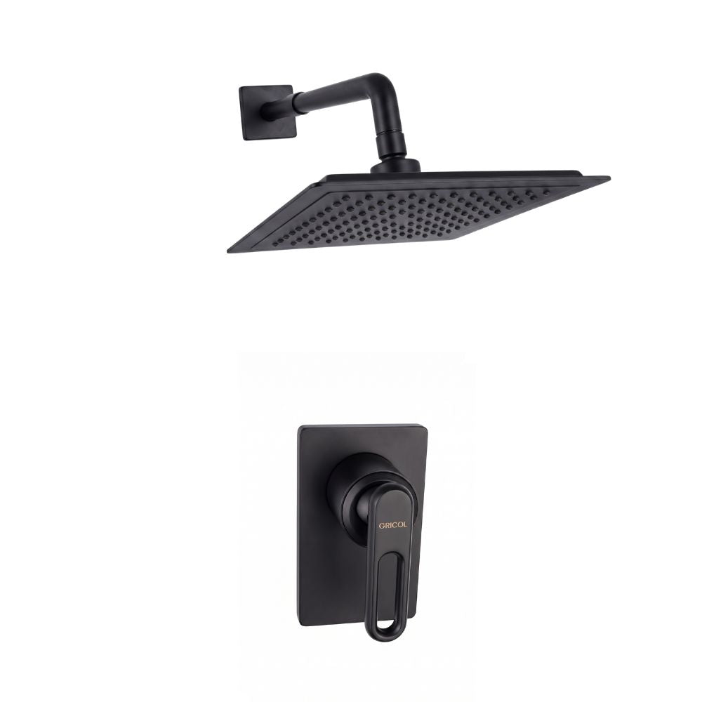 Conjunto Ducha Monomando Londra con regadera Iseo cuadrada bajo consumo con escudo cuadrado negro mate ref. 01-4204-07BC y manija con diseño