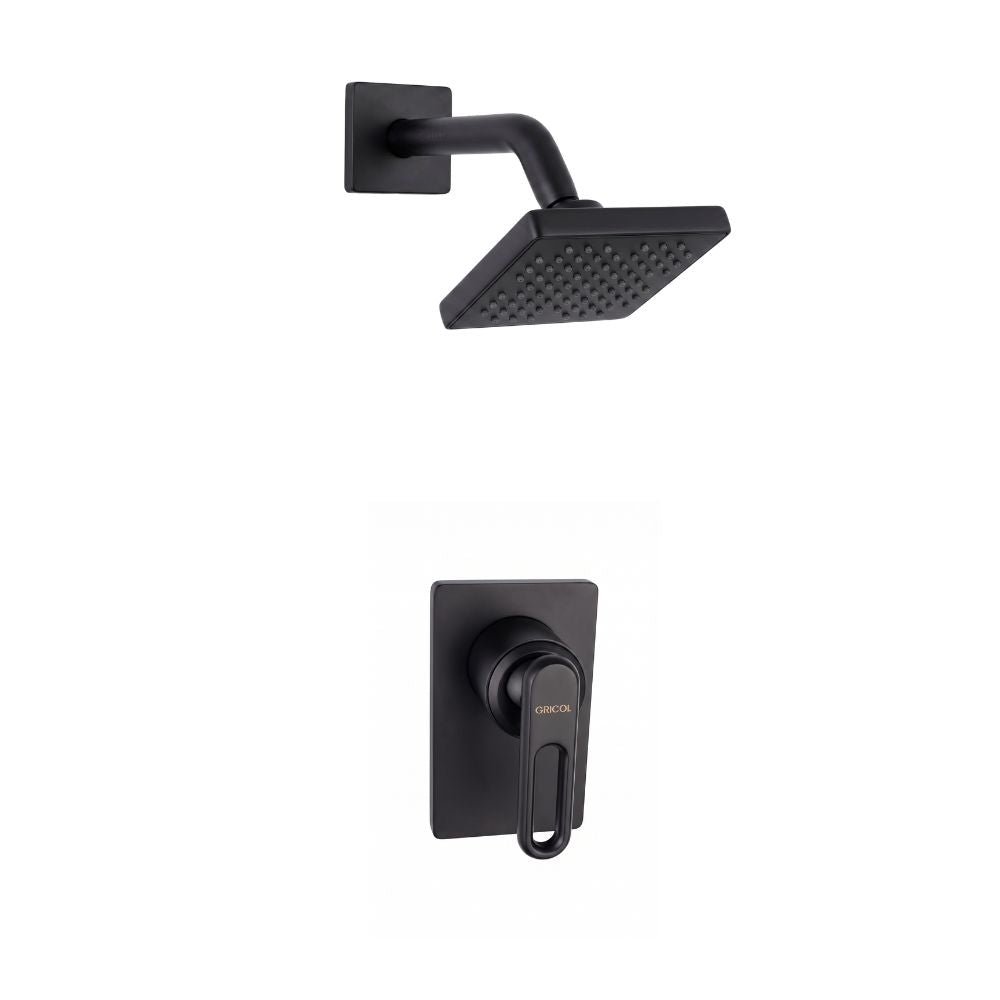 Conjunto Ducha Monomando Londra con regadera Vico bajo consumo con escudo cuadrado negro mate ref. 01-4205-07BC y manija con diseño ovalado