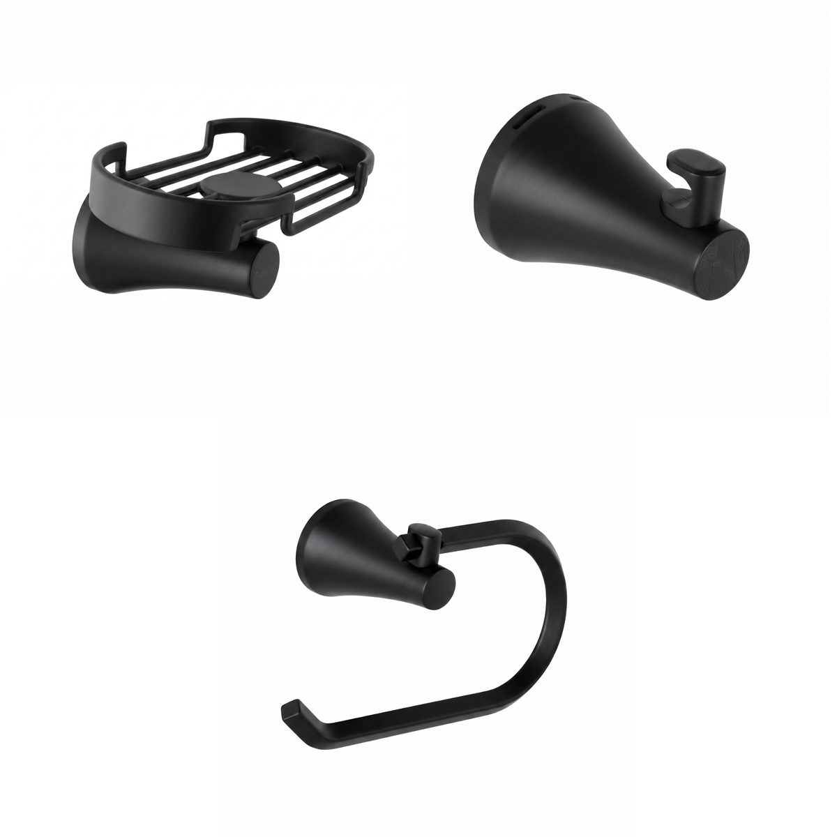 Kit de accesorios para baño 3 piezas Contempra, incluye jabonera, gancho perchero y portarrollo en acabado negro mate ref. 01-2508-207 para instalar en pared.