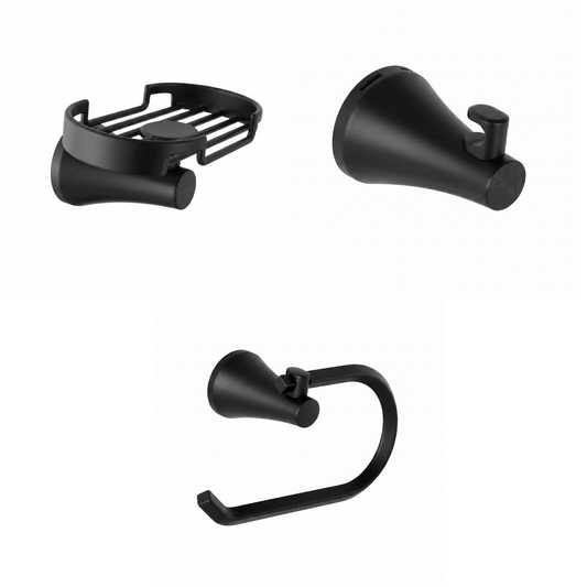 Kit de accesorios para baño 3 piezas Contempra, incluye jabonera, gancho perchero y portarrollo en acabado negro mate ref. 01-2508-207 para instalar en pared.