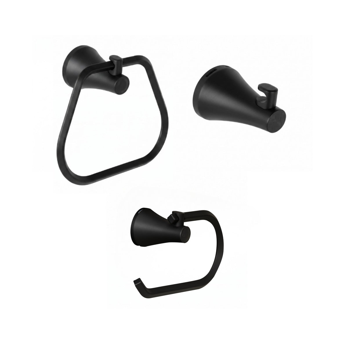 Kit de accesorios para baño 3 piezas Contempra, incluye toallero aro, gancho perchero y portarrollo en acabado negro mate ref. 01-2524-07 para instalar en pared.