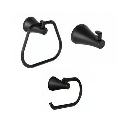 Kit de accesorios para baño 3 piezas Contempra, incluye toallero aro, gancho perchero y portarrollo en acabado negro mate ref. 01-2524-07 para instalar en pared.