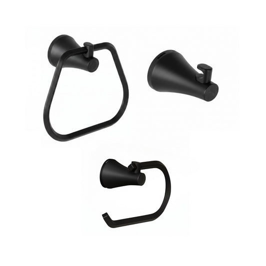 Kit de accesorios para baño 3 piezas Contempra, incluye toallero aro, gancho perchero y portarrollo en acabado negro mate ref. 01-2524-07 para instalar en pared.