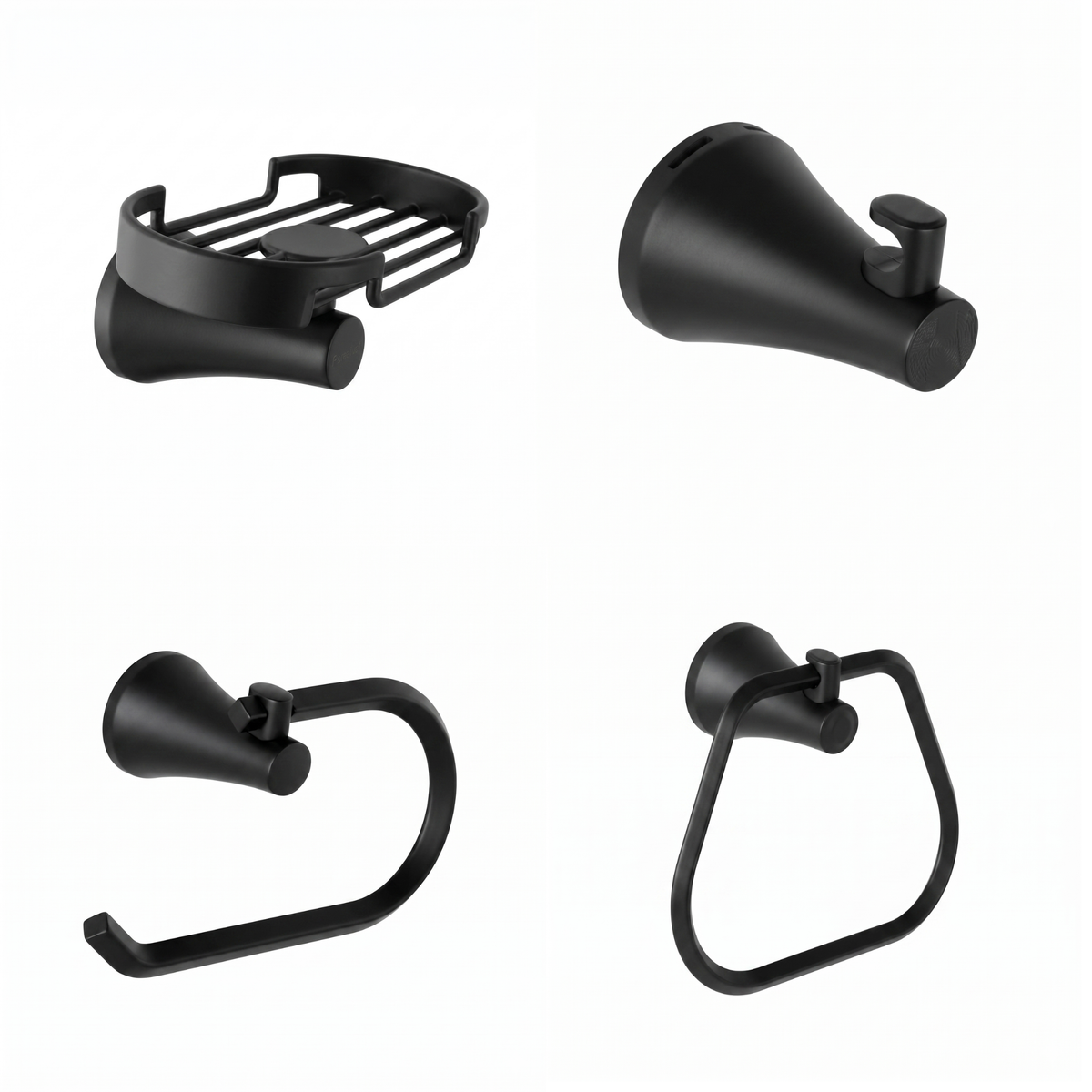 Kit de accesorios 4 piezas, incluye jabonera, gancho, portarrollo y toallero aro para baño Contempra negro mate ref. 01-2509-207 para instalar en pared.
