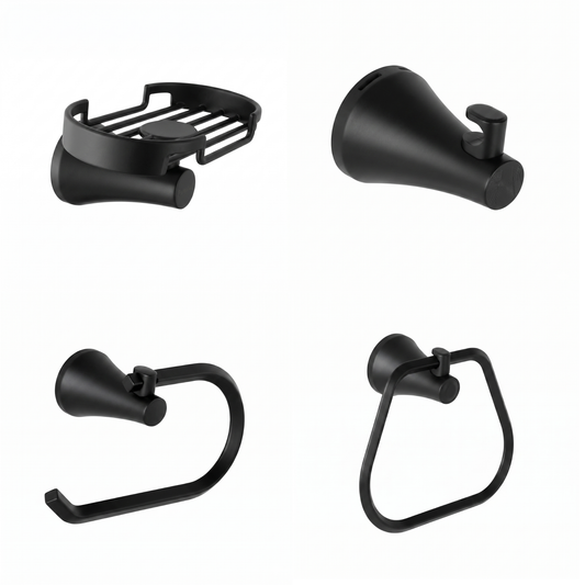 Kit de accesorios 4 piezas, incluye jabonera, gancho, portarrollo y toallero aro para baño Contempra negro mate ref. 01-2509-207 para instalar en pared.