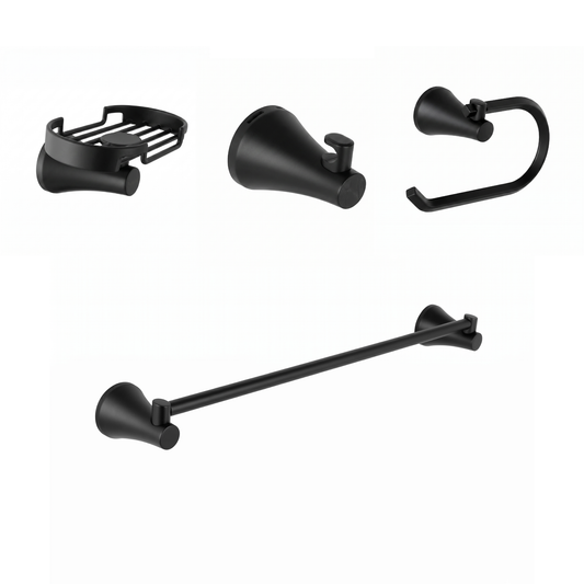Kit de accesorios 4 piezas, incluye jabonera, gancho, portarrollo y toallero barra para baño Contempra negro mate ref. 01-2510-207 para instalar en pared.