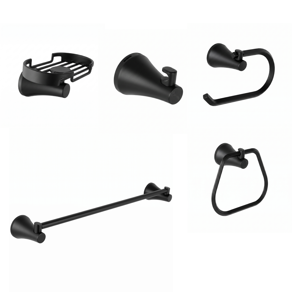 Kit de accesorios 5 piezas, incluye jabonera, gancho, portarrollo, toallero barra y toallero aro  para baño Contempra negro mate ref. 01-2511-207 para instalar en pared.