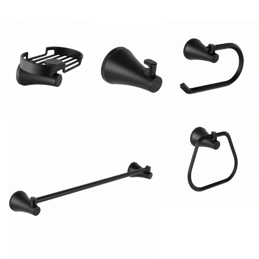 Kit de accesorios 5 piezas, incluye jabonera, gancho, portarrollo, toallero barra y toallero aro  para baño Contempra negro mate ref. 01-2511-207 para instalar en pared.