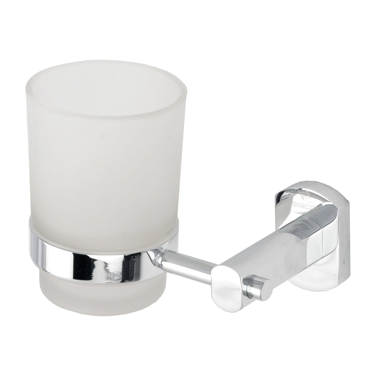 Portacepillos con vaso en vidrio y soporte metálico Portobello  para baño en acabado cromado  ref. 01-2556-11 vista isométrica