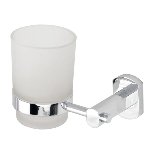 Portacepillos con vaso en vidrio y soporte metálico Portobello  para baño en acabado cromado  ref. 01-2556-11 vista isométrica