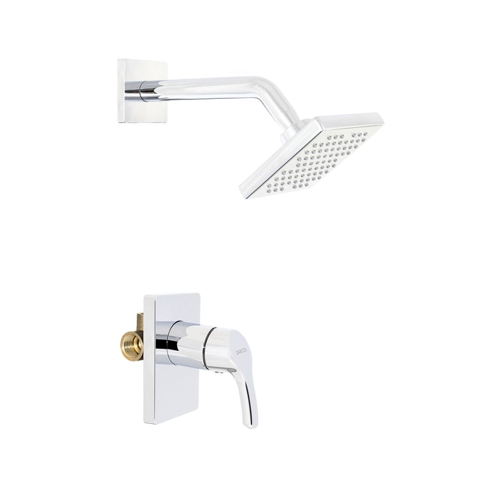Conjunto Ducha Monomando Dante con regadera Vico bajo consumo de escudo cuadrado cromado, vista de perfil