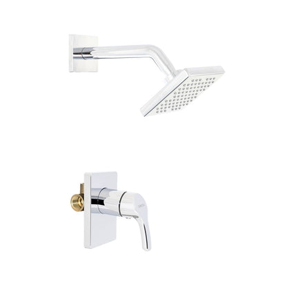 Conjunto Ducha Monomando Dante con regadera Vico bajo consumo de escudo cuadrado cromado, vista de perfil