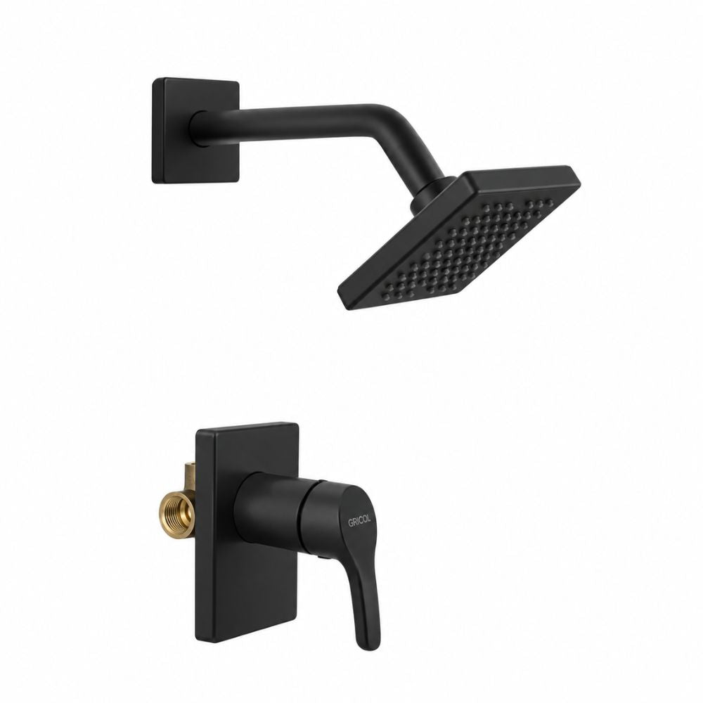 Conjunto Ducha Monomando Dante con regadera Vico bajo consumo de escudo cuadrado negro mate, vista de perfil