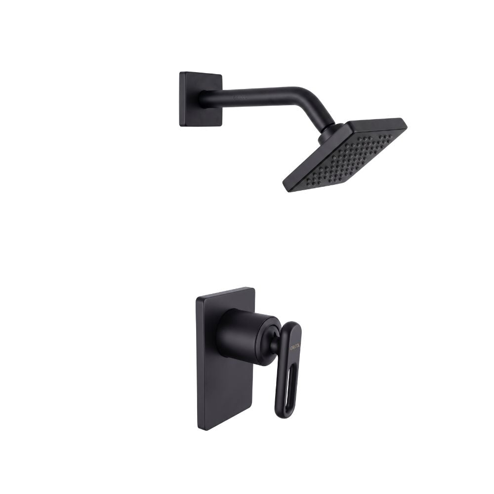 Conjunto Ducha Monomando Londra con regadera Vico bajo consumo de escudo cuadrado negro mate, vista de perfil