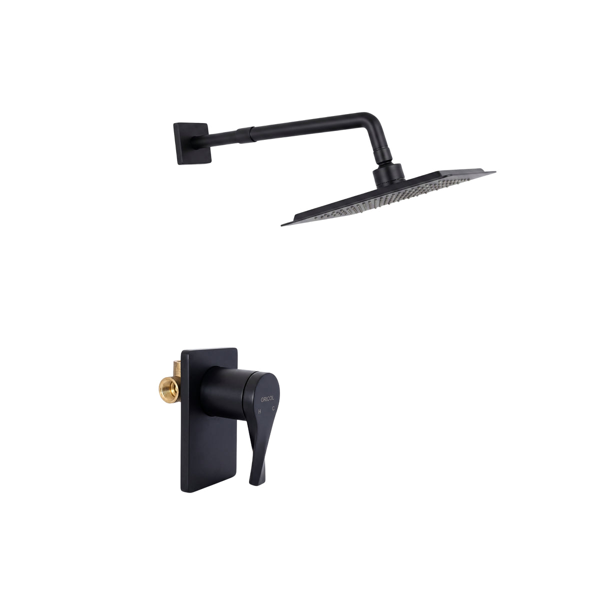 Conjunto Ducha Monomando Sion con regadera Iseo cuadrado bajo consumo de escudo cuadrado negro mate, vista de perfil