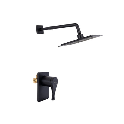 Conjunto Ducha Monomando Sion con regadera Iseo cuadrado bajo consumo de escudo cuadrado negro mate, vista de perfil
