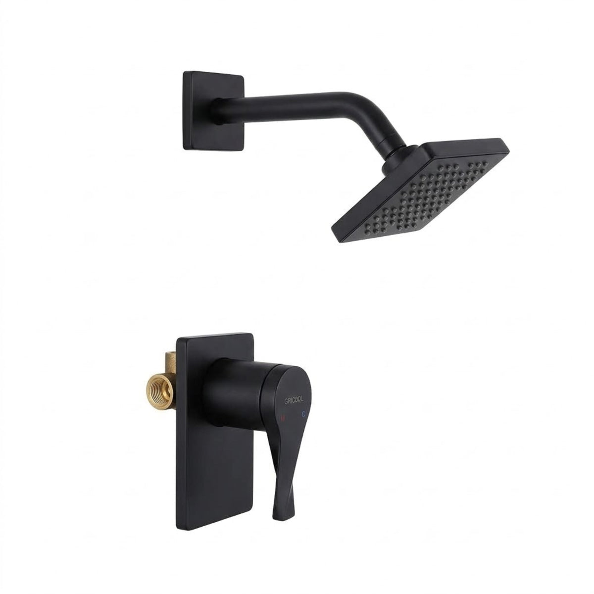 Conjunto Ducha Monomando Sion con regadera Vico bajo consumo de escudo cuadrado negro mate, vista de perfil