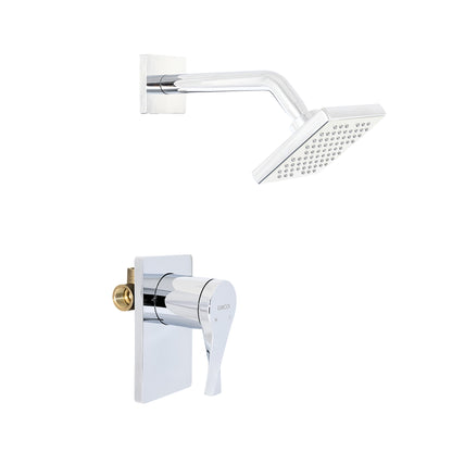 Conjunto Ducha Monomando Sion con regadera Vico bajo consumo de escudo cuadrado de acabado cromado, vista de perfil