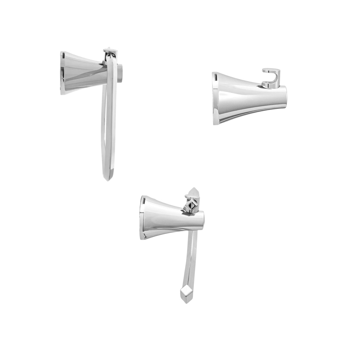 vista de perfil  kit de accesorios 3 piezas contempra incluye jabonera, gancho y portarrollo para baño cromado.