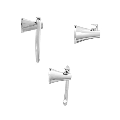 vista de perfil  kit de accesorios 3 piezas contempra incluye jabonera, gancho y portarrollo para baño cromado.