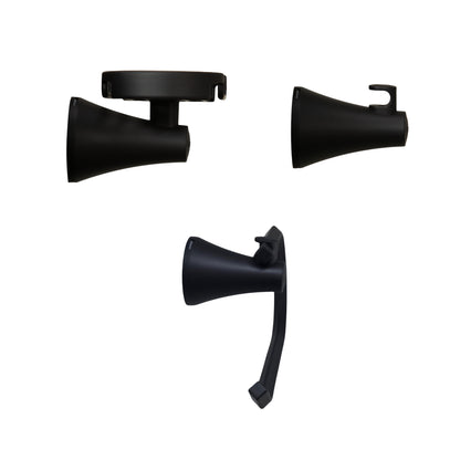 vista de perfil  kit de accesorios 3 piezas contempra incluye jabonera, gancho y portarrollo para baño negro mate.