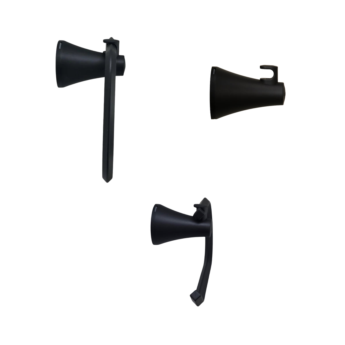 vista de perfil  kit de accesorios 3 piezas contempra incluye toallero aro, gancho y portarrollo para baño negro mate.