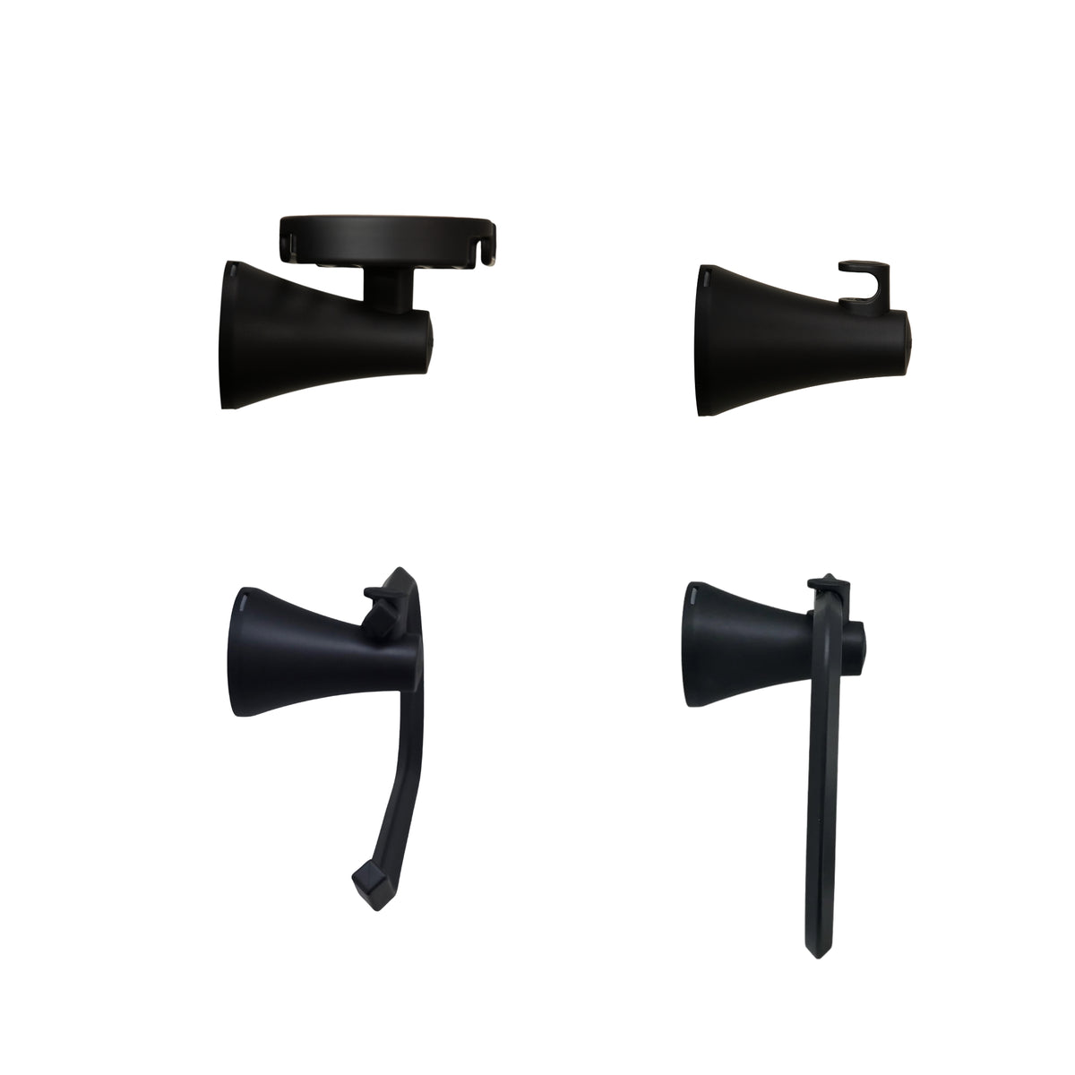 vista de perfil  kit de accesorios 4 piezas incluye jabonera, gancho, portarrollo y toallero aro para baño Contempra negro mate.