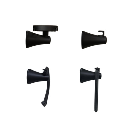 vista de perfil  kit de accesorios 4 piezas incluye jabonera, gancho, portarrollo y toallero aro para baño Contempra negro mate.