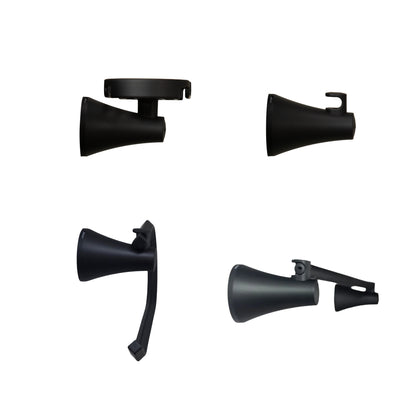 vista de perfil  kit de accesorios 4 piezas incluye jabonera, gancho, portarrollo y toallero barra para baño Contempra negro mate.
