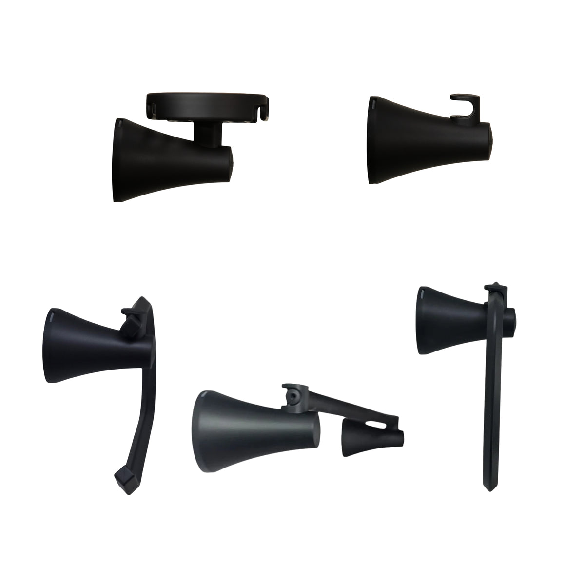Kit de accesorios 5 piezas, incluye jabonera, gancho, portarrollo, toallero barra y toallero aro  para baño Contempra negro mate, vista lateral.