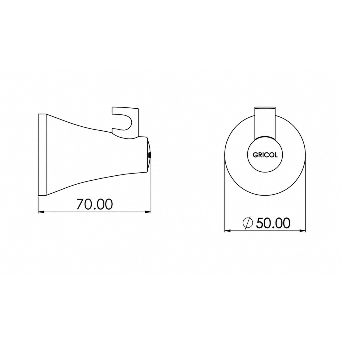 Plano técnico del gancho Contempra GRICOL con medidas de 7 cm de largo y 5 cm de diámetro.