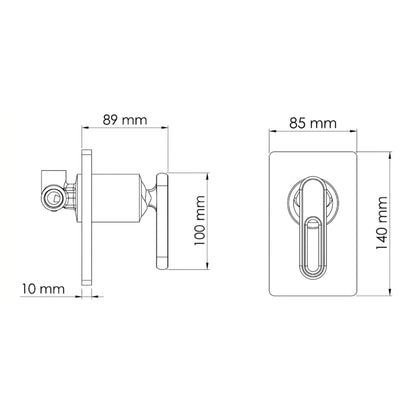 Plano técnico de la ducha monomando Londra: escudo cuadrado de 14 cm x 8.5 cm