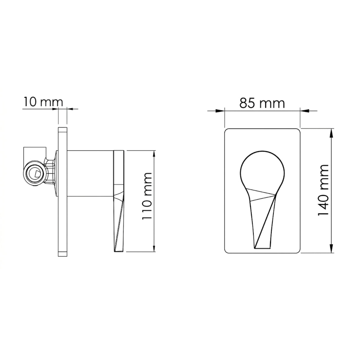 Plano técnico de la ducha monomando Sion: escudo cuadrado de 14 cm x 8.5 cm