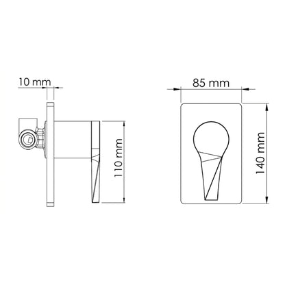 Plano técnico de la ducha monomando Sion: escudo cuadrado de 14 cm x 8.5 cm