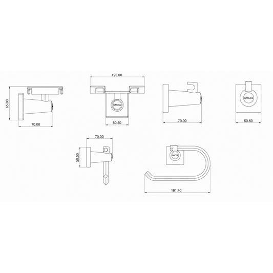 Plano técnico con medidas del kit de 3 accesorios para baño GRICOL: portarollo, jabonera y gancho perchero.