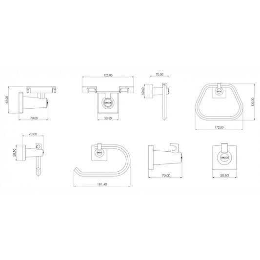 Plano técnico con medidas del kit de 4 accesorios génesis para baño GRICOL: toallero aro, portarollo, jabonera y gancho perchero.