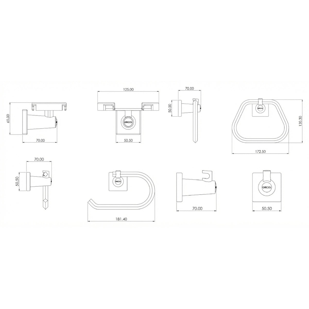 Plano técnico con medidas del kit de 4 accesorios génesis para baño GRICOL: toallero aro, portarollo, jabonera y gancho perchero.