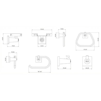 Plano técnico con medidas del kit de 4 accesorios génesis para baño GRICOL: toallero aro, portarollo, jabonera y gancho perchero.