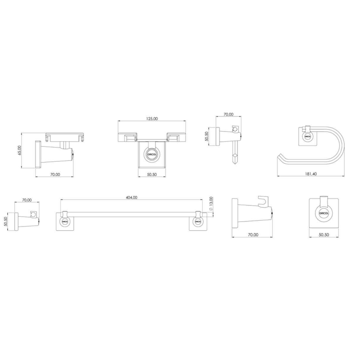 Plano técnico con medidas del kit de 4  accesorios génesis para baño GRICOL: toallero de barra, portarollo, jabonera y gancho perchero.