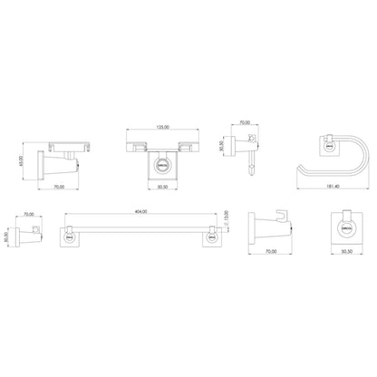 Plano técnico con medidas del kit de 4  accesorios génesis para baño GRICOL: toallero de barra, portarollo, jabonera y gancho perchero.