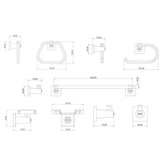 Plano técnico con medidas del kit de 5 accesorios génesis para baño GRICOL: toallero de barra, toallero de aro, portarollo, jabonera y gancho perchero.