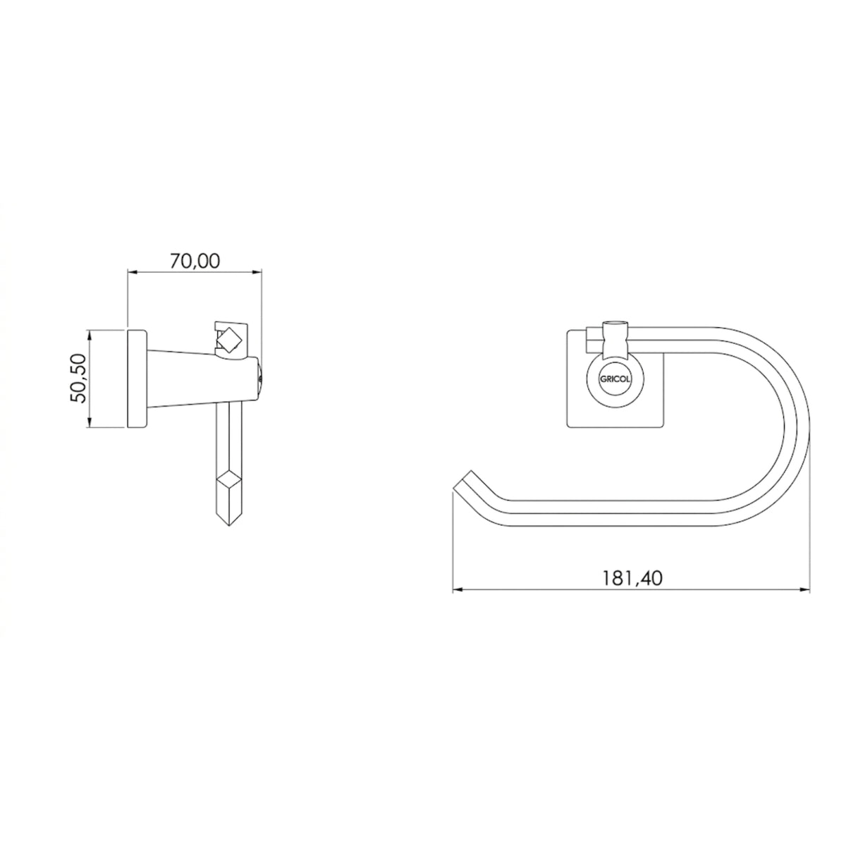 Plano técnico de dimensiones para portarrollo génesis de baño marca GRICOL, mostrando 18.14 cm de ancho y 7 cm de profundidad.