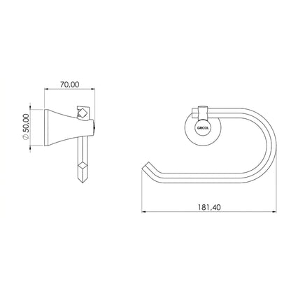 Plano técnico de dimensiones para portarollo de baño marca GRICOL, mostrando 18.14 cm de ancho y 7 cm de profundidad.