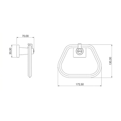 Plano técnico del toallero de aro génesis Gricol con dimensiones de 17.25 cm de ancho y 13.3 cm de alto.
