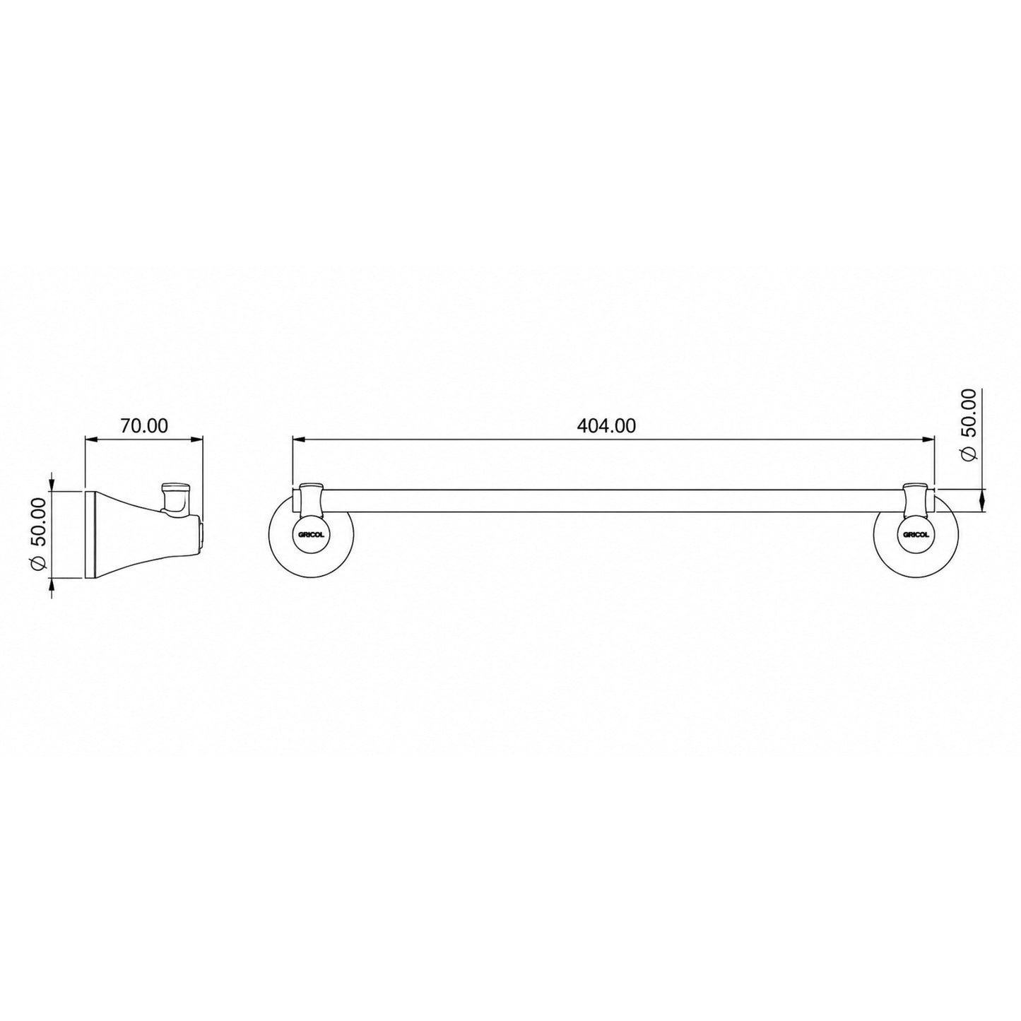 Plano técnico del toallero de barra Contempra para baño Gricol con dimensiones de 40.4 cm de largo y 7 cm de profundidad.