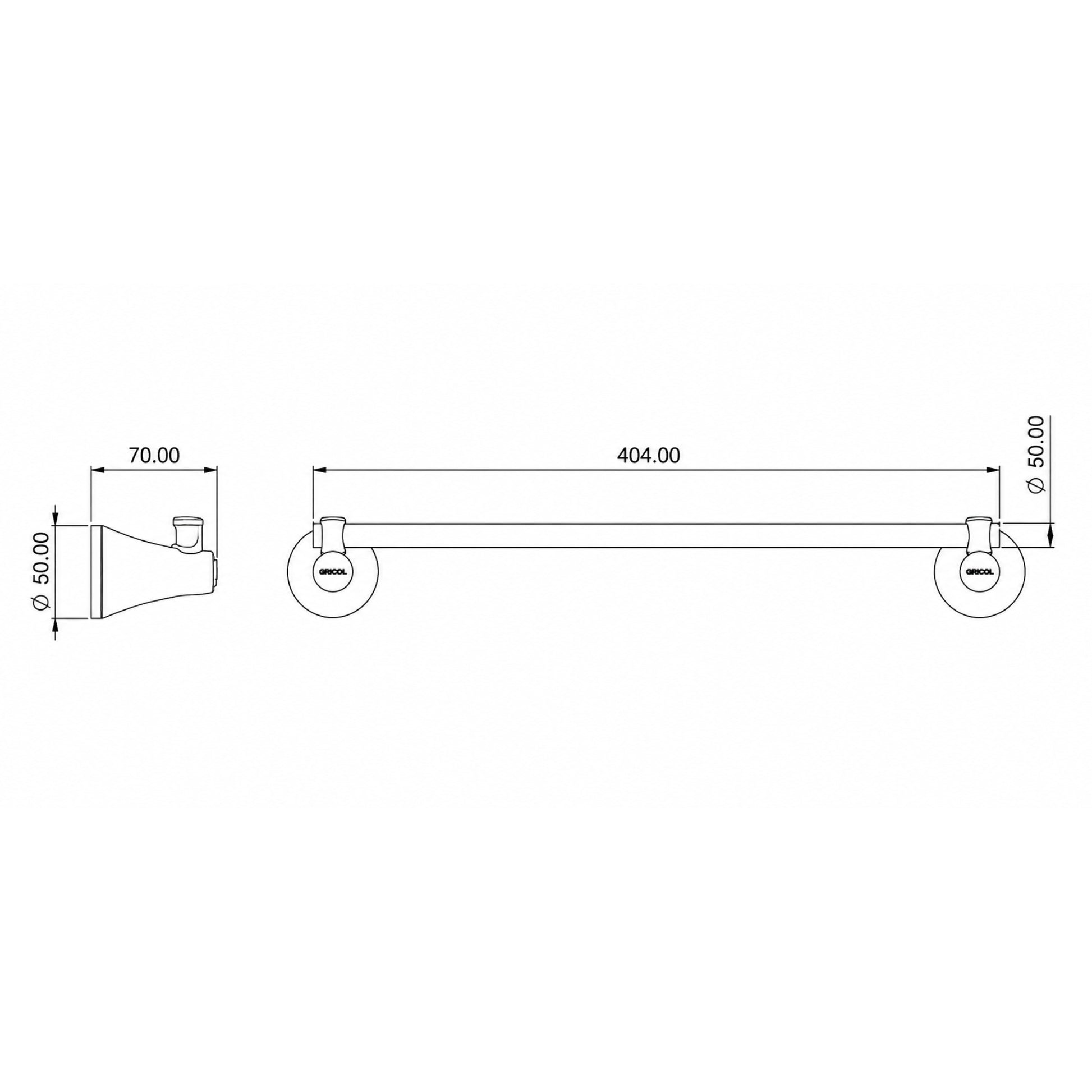 Plano técnico del toallero de barra Contempra para baño Gricol con dimensiones de 40.4 cm de largo y 7 cm de profundidad.