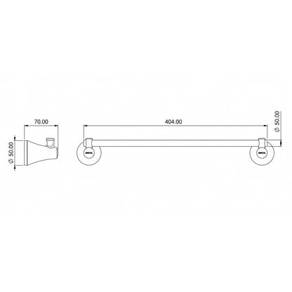 Plano técnico del toallero de barra Contempra para baño Gricol con dimensiones de 40.4 cm de largo y 7 cm de profundidad.