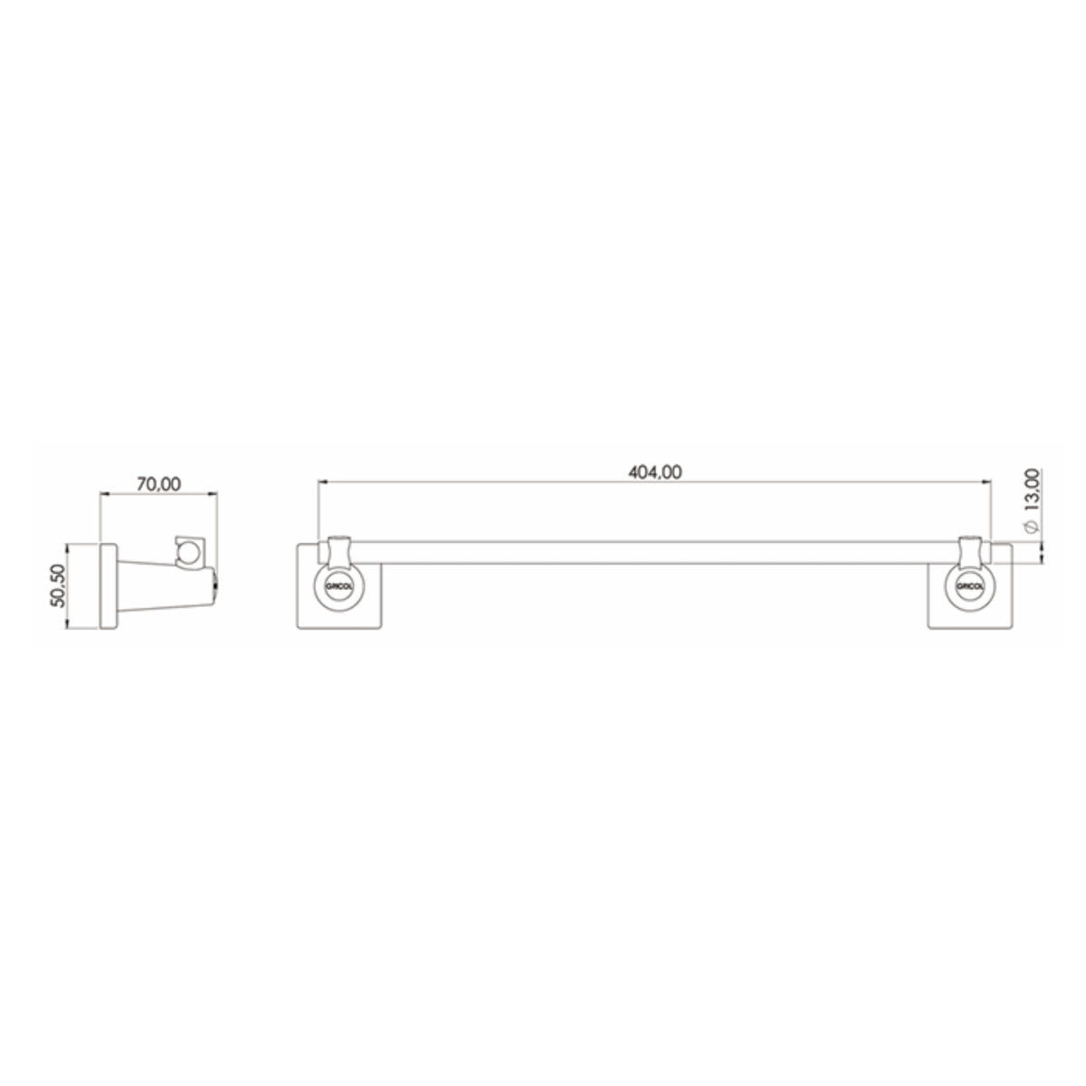 Plano técnico del toallero de barra génesis para baño Gricol con dimensiones de 40.4 cm de largo y 7 cm de profundidad.