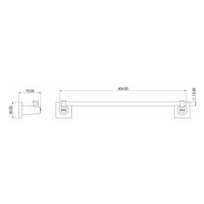 Plano técnico del toallero de barra génesis para baño Gricol con dimensiones de 40.4 cm de largo y 7 cm de profundidad.